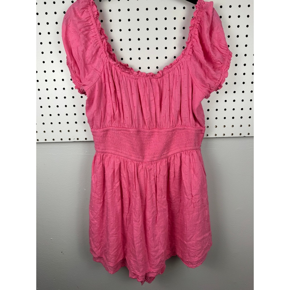 Hollister Pink Swiss Dot Romper Skort Puff Sleeve Smocked Coquette XL